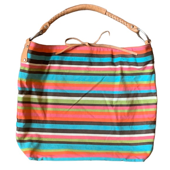 NWT Ceannis of Sweden natural leather and striped canvas bag - Picture 2 of 7